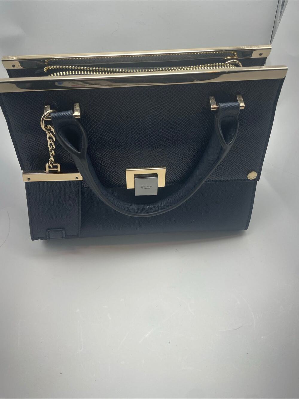 Dune London Navy Blue Structured Satchel Handbag Gold Hardware Women's Purse